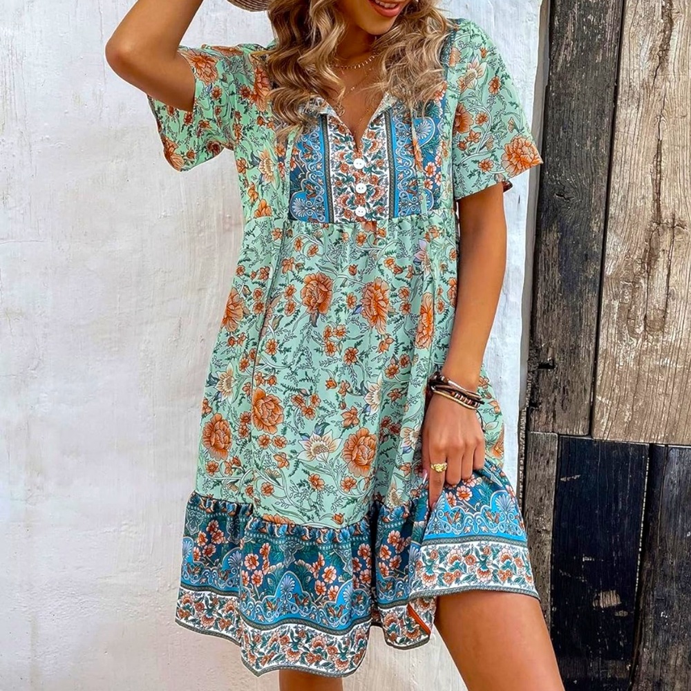 MODA ME COUTURE Green and Blue Flutter Sleeve Sundress